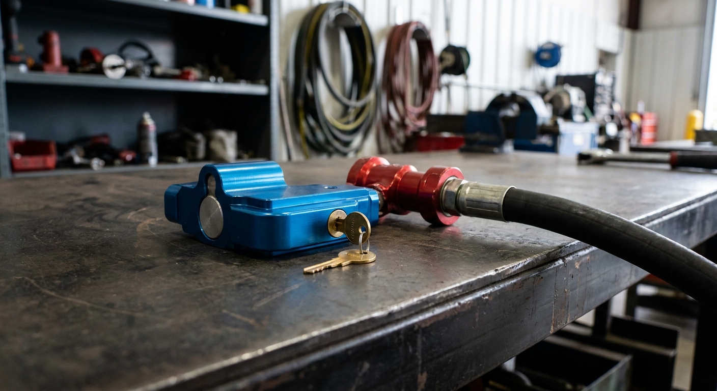 Lightweight machined aluminum glad hand lock with a small key on a steel workbench next to a gladhand coupler.