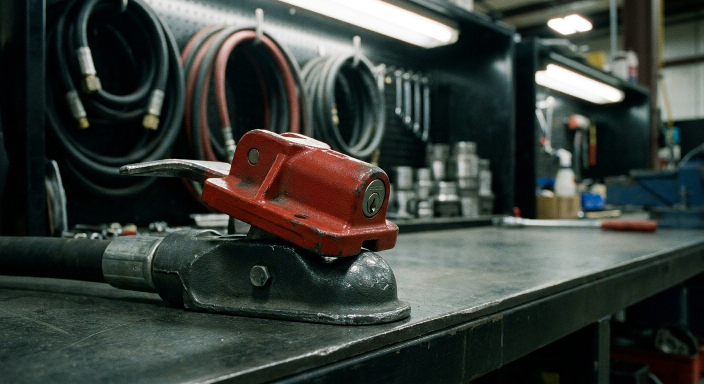 Heavy red powder-coated cast steel glad hand lock with a keyed cylinder locked over a trailer gladhand coupler.