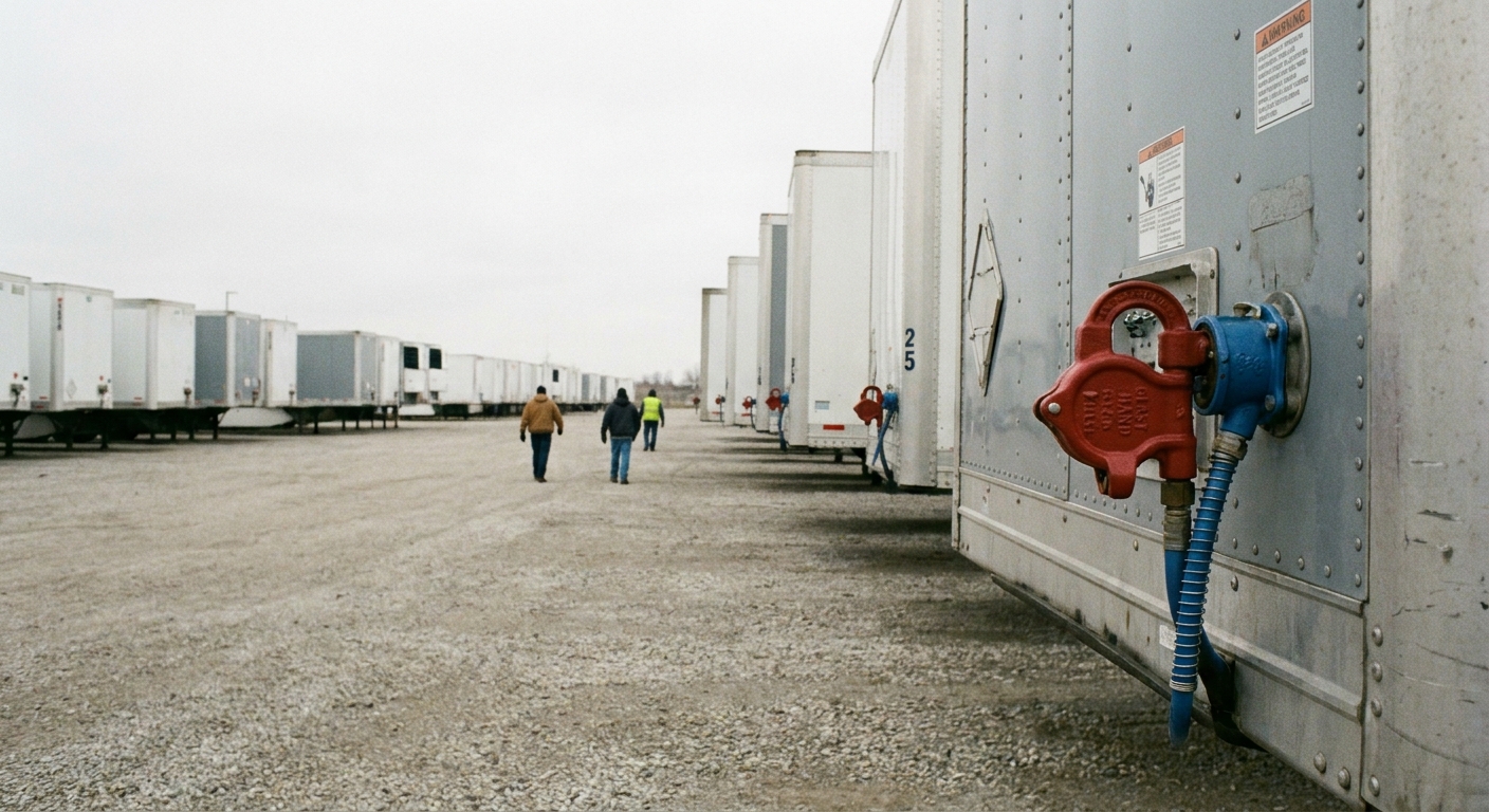 Trailer drop yard at night with rows of parked semi-trailers and security fencing.