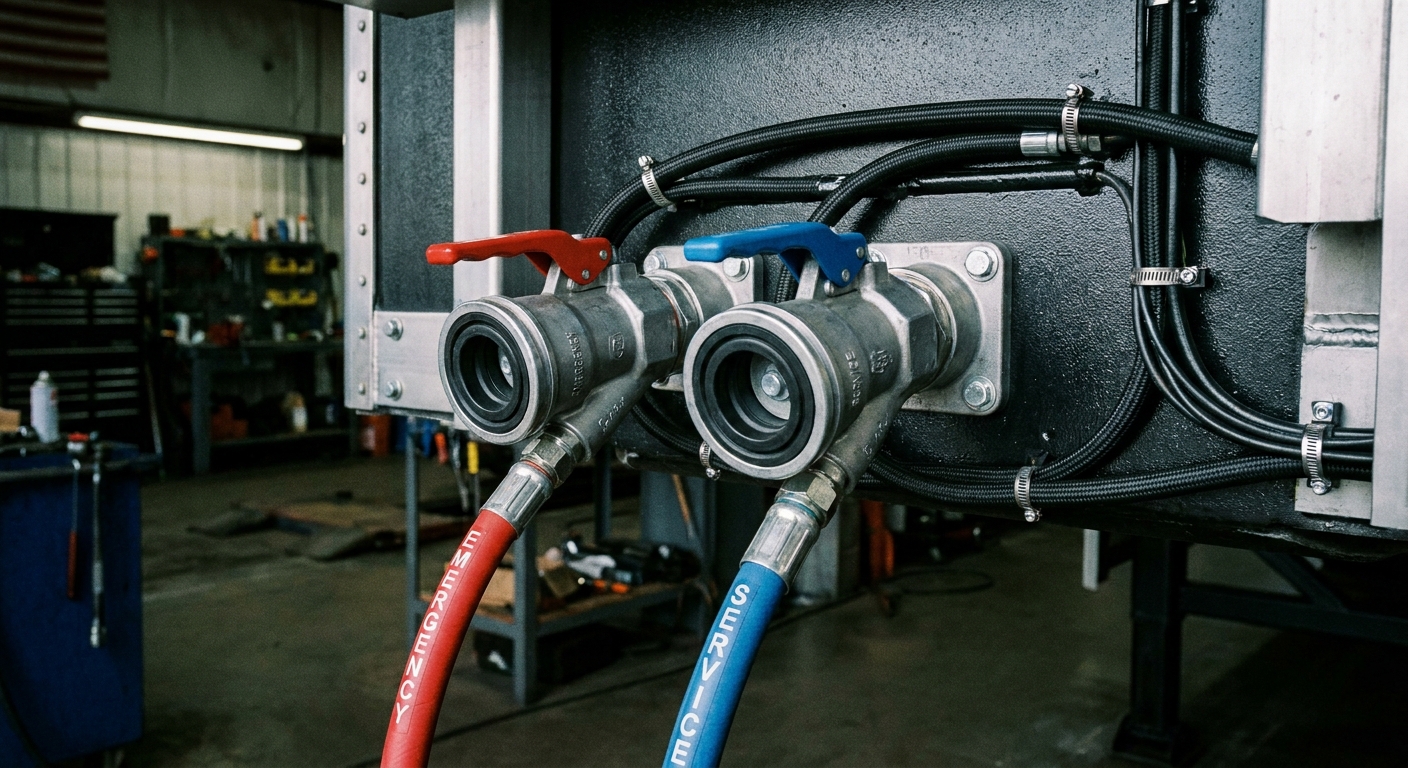 Red emergency and blue service gladhand air couplers on the front of a semi-trailer.