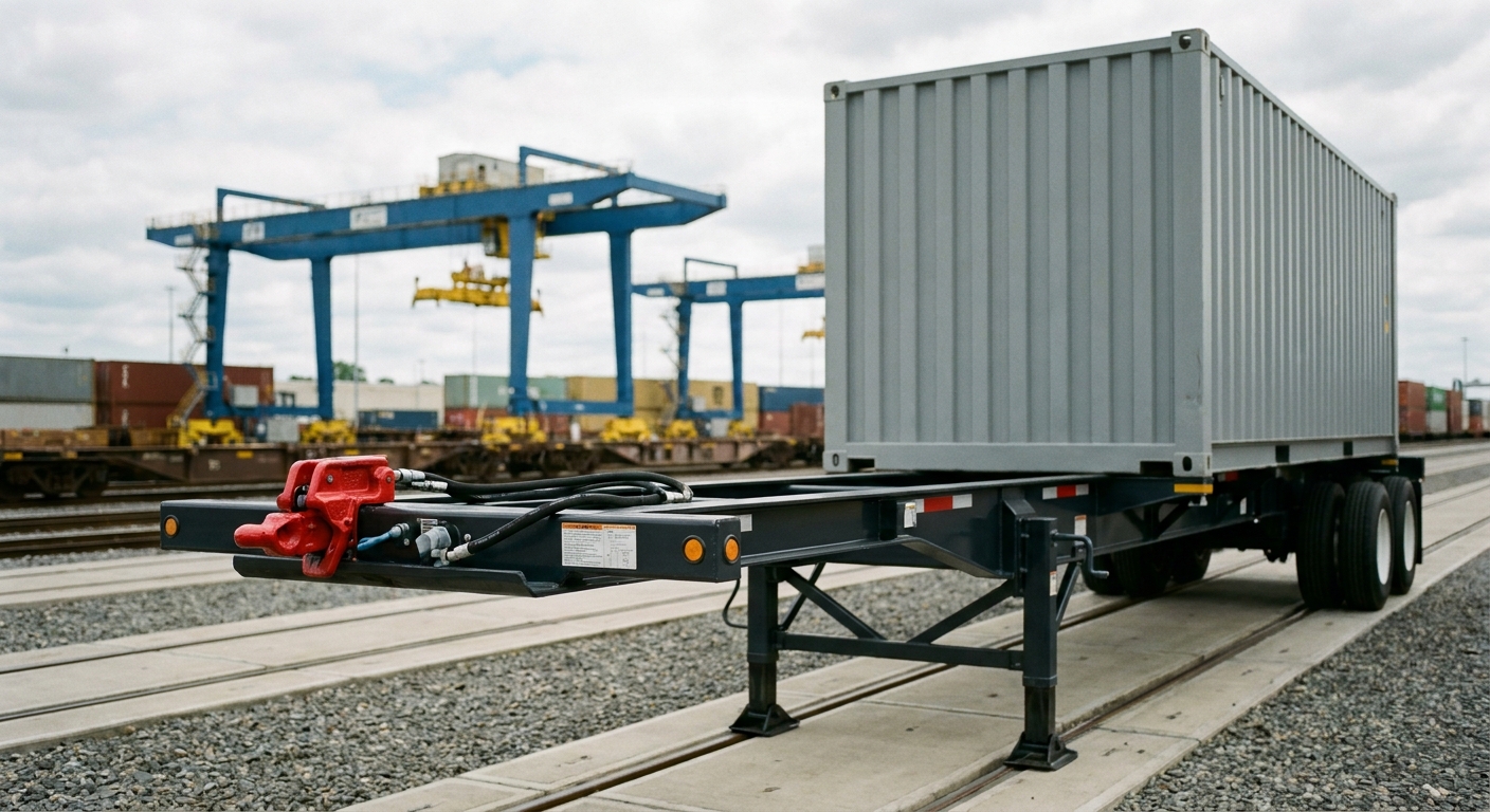 Container chassis with a shipping container in a rail yard, its air brake coupler fitted with a red glad hand lock.