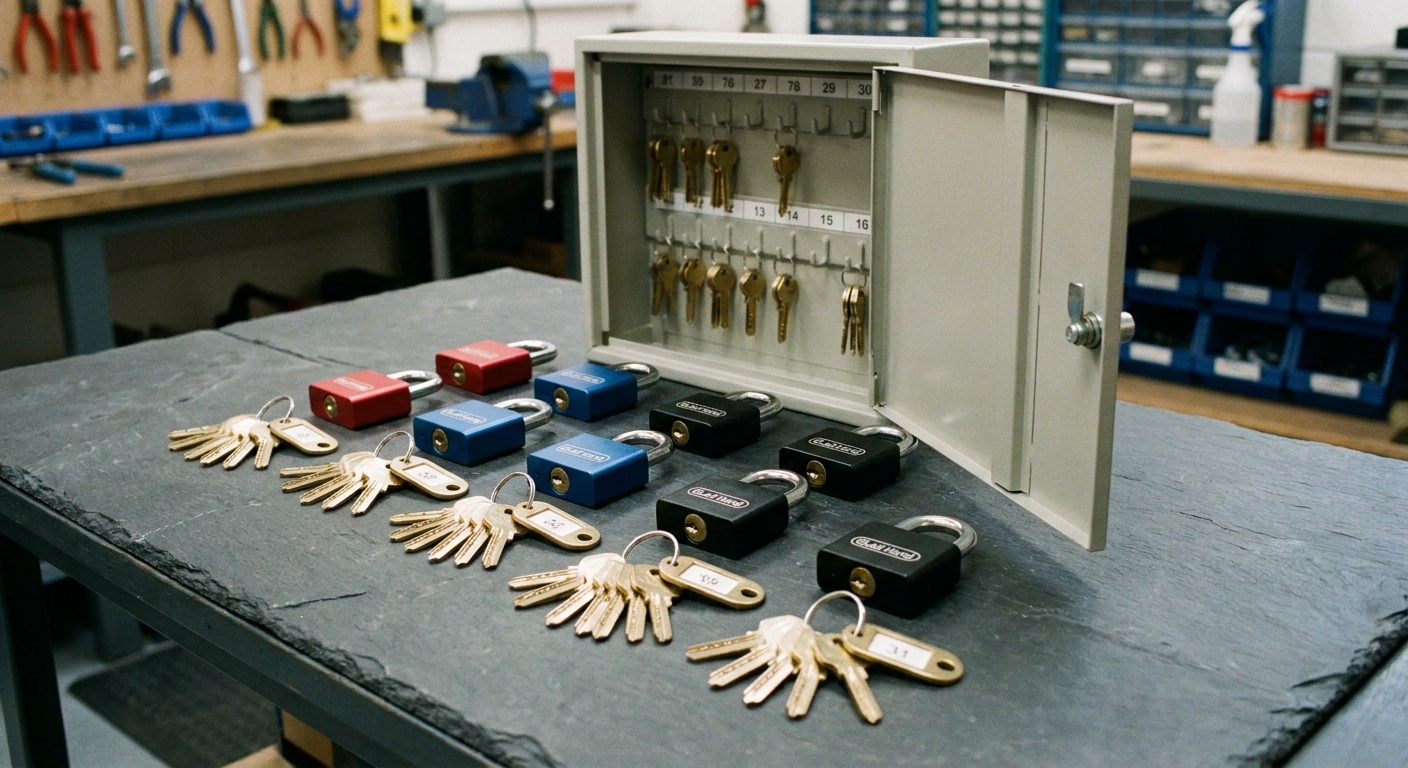 Glad hand locks in several colours with numbered keys and a key cabinet.