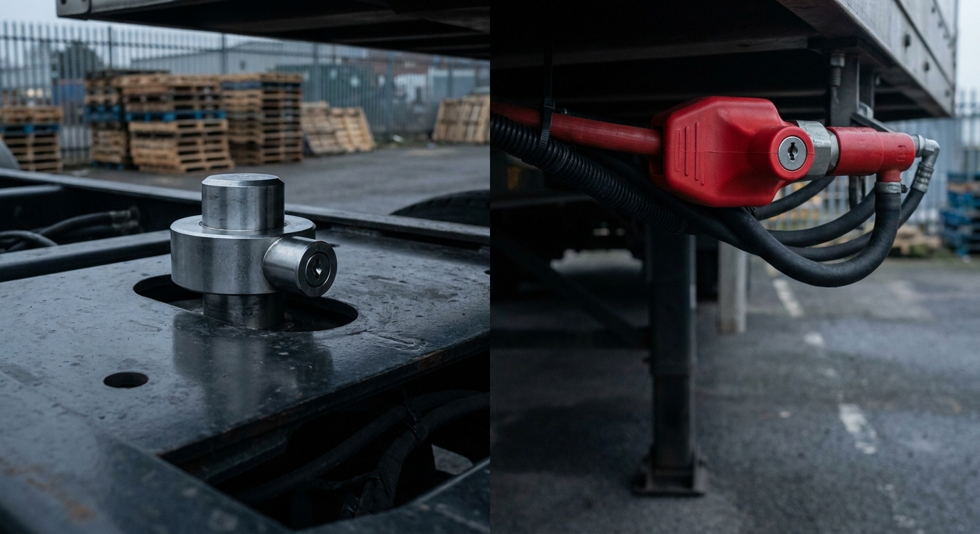 A kingpin lock on a trailer kingpin and a red glad hand lock on the air coupler.