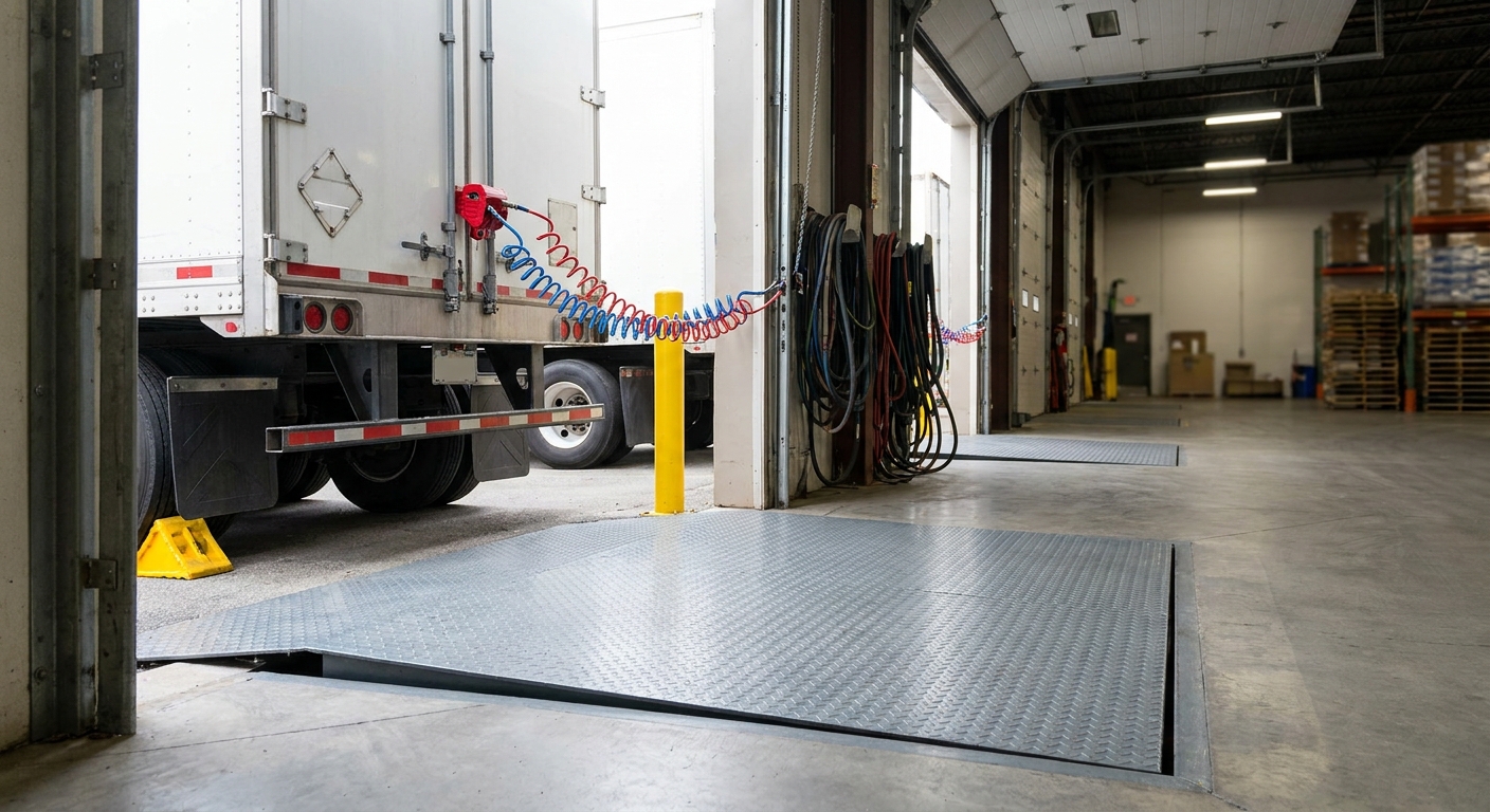 View from inside a warehouse through an open dock door to a trailer with a red glad hand lock and a wheel chock.