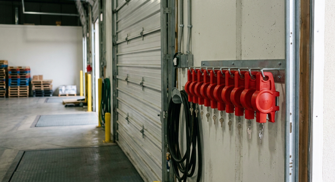 Row of red molded plastic glad hand locks with matching keys on a wall rack beside a dock door.